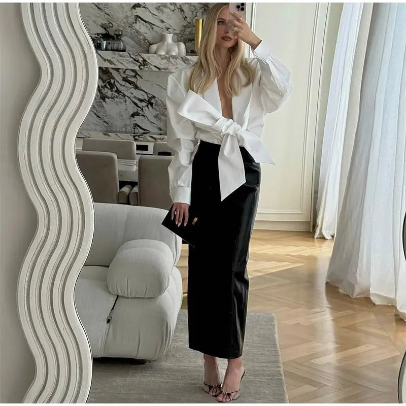 Elegant Bow Detail Pleated Long Sleeve V Neck Blouse for Women