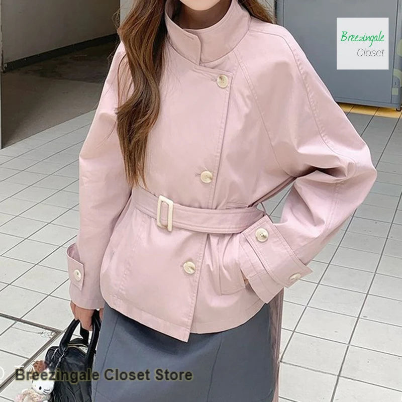 Solid Color Short Stand Collar Windbreaker Coat For Women