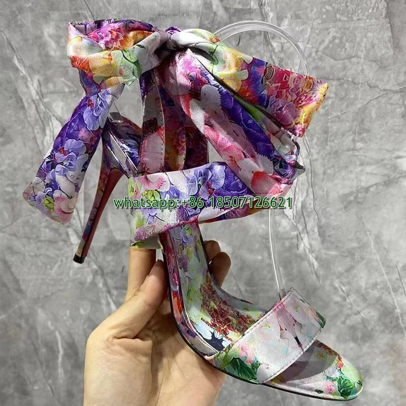 Printed Satin Ankle Strap Heels