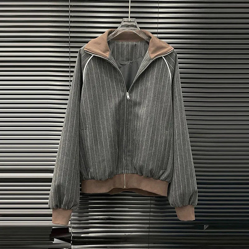 KUCLUT 2025 Autumn New Fashion Striped Contrast Color Zipper Jacket Elastic Waist Pleated Skirt Two-pieces Set For Women 1A1217