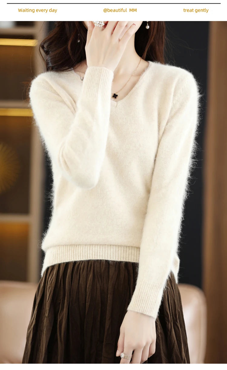 Soft Warm Loose Fit V Neck Cashmere Sweater for Women