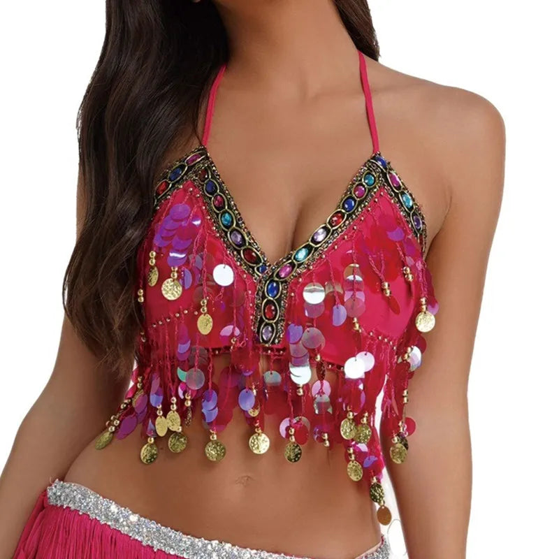 Shiny Colored Sequin Diamond Halter Crop Top for Women