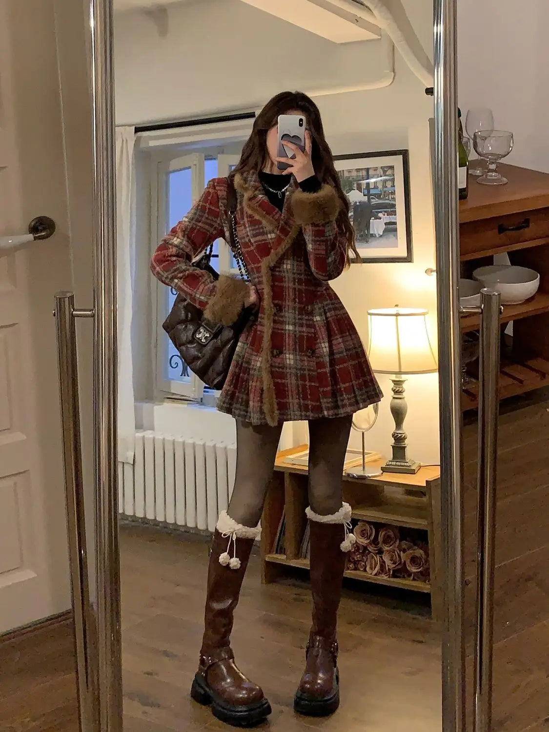 Women's Double Breasted Plaid Coat, Woolen Jacket , V-Neck, Loose Tops, Female Clothes, Sweet, New, Autumn, Winter