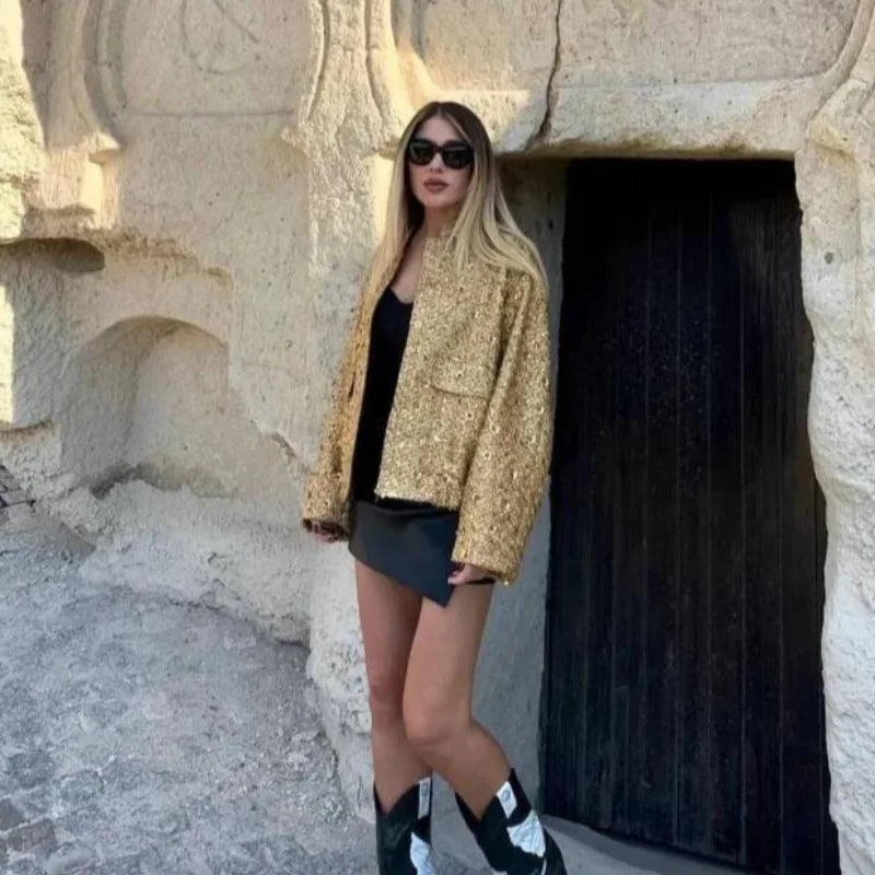 Suninheart Women's Sequined Bomber Jacket Fall O Neck Long Sleeve Pocket Stretch Hem Sequins Jacket Coat Female Chic Outerwear