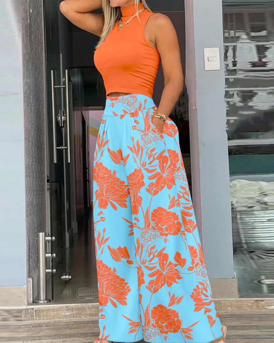 Printed Sleeveless Elegant Two Piece Set for Women