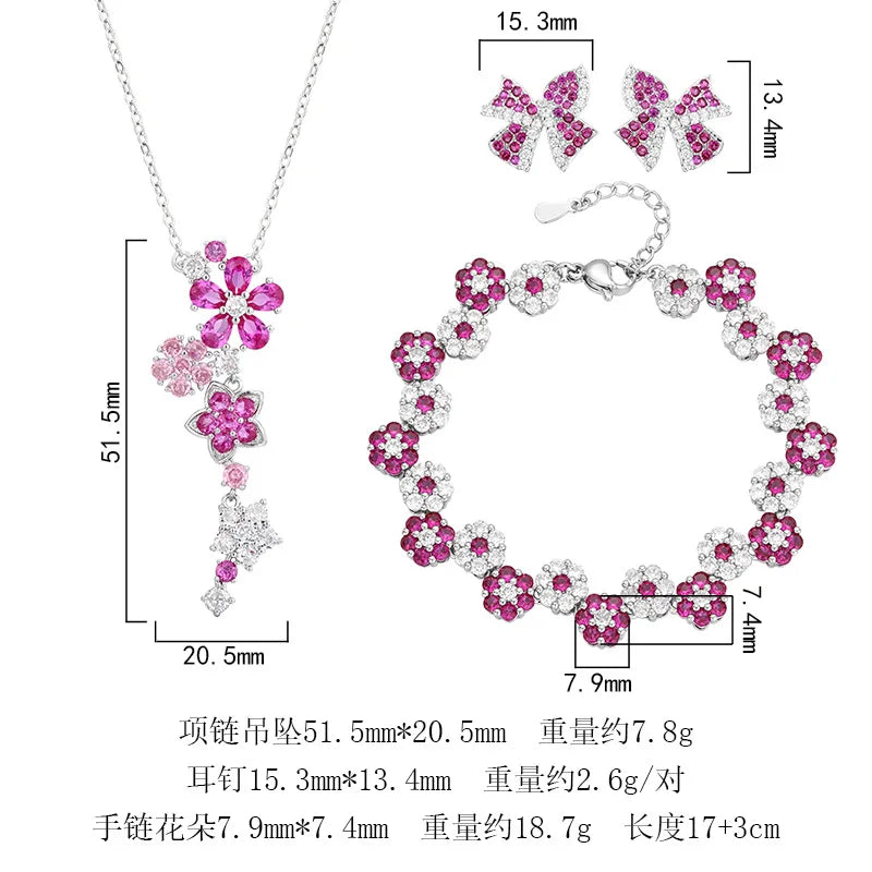 Vintage Blue Floral Zircon Necklace and Bracelet Set for Women