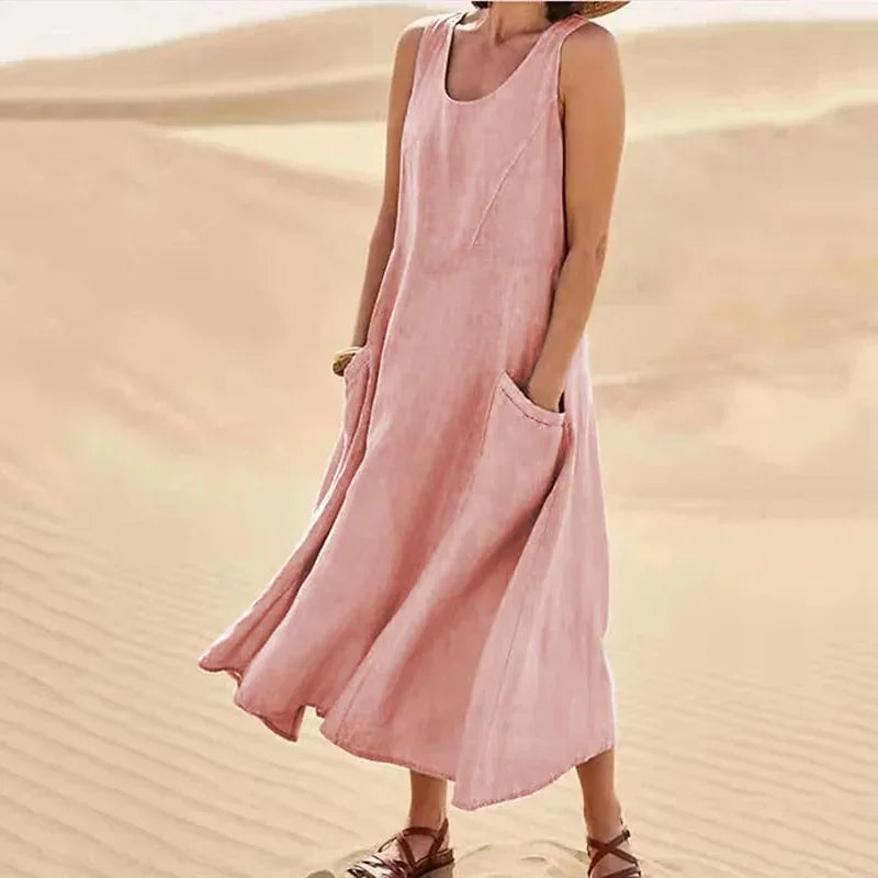 Casual Sleeveless Midi Dress With Side Pockets For Women