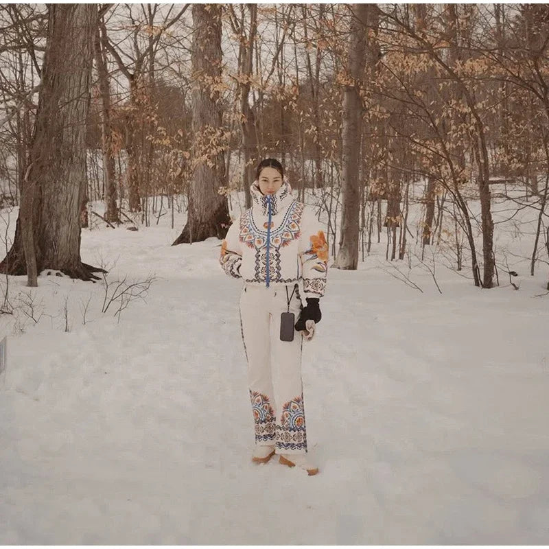 Printed Hooded Ski Jacket And Wide Leg Pants Set for Women