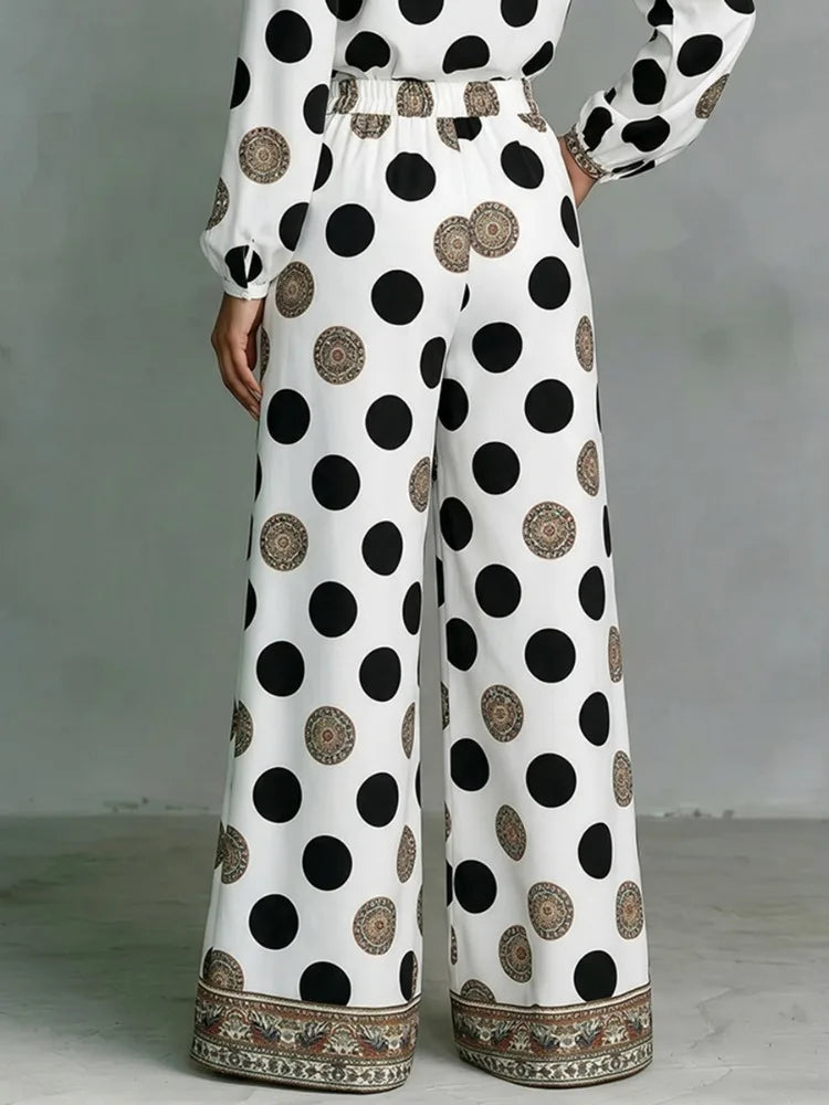 Floral Polka Dot Blouse And Wide Leg Pants Set for Women