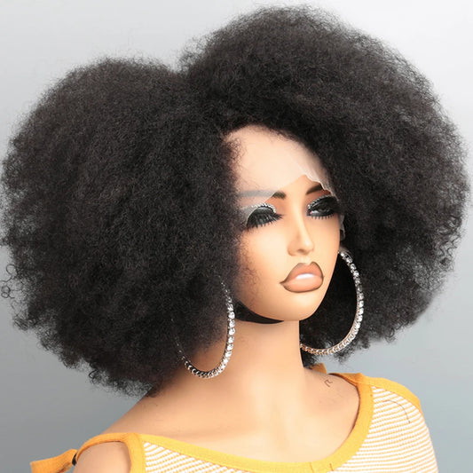 Afro Kinky Curly Lace Front Wig Natural Color Afro Bob Human Hair Natural Hairline 13X4X2 250% Density Short Human Hair Wigs