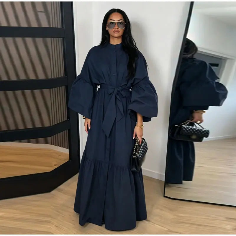 Casual Belted Long Lantern Sleeve Button Dress for Women