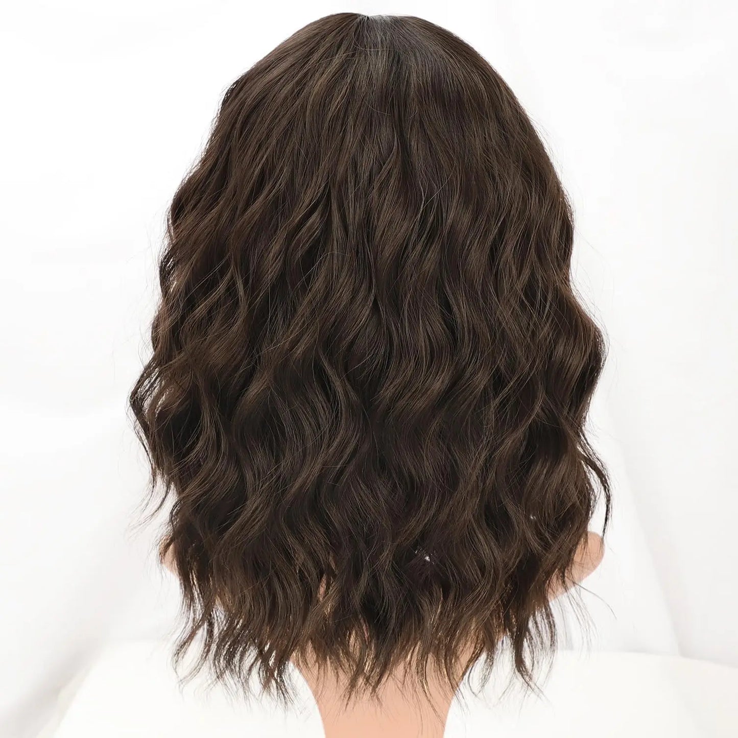 Natural Brown Synthetic Curly Wavy Bob Wig With Bangs For Women