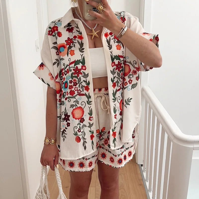 Women Cardigan Top Shorts Two Pieces Sets, Summer Holiday Fashion Half Sleeve Chic Outfit, 2025 Print Elastic Waist Ladies Suits