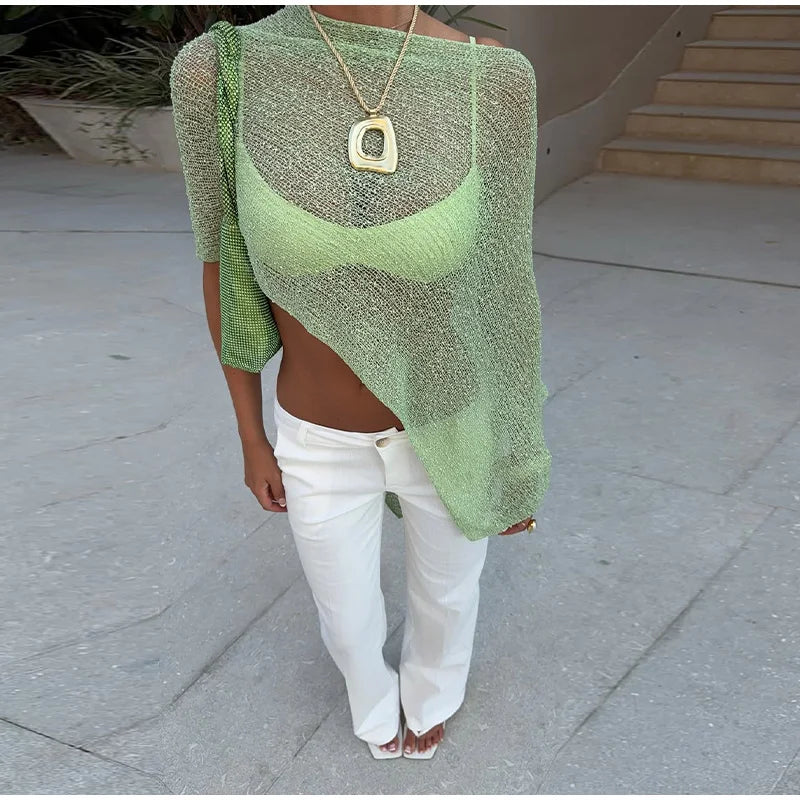 Sheer Knit O Neck Asymmetrical Loose Blouse for Women