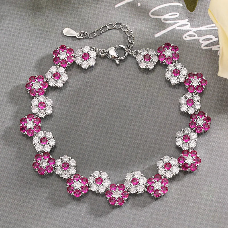 Vintage Blue Floral Zircon Necklace and Bracelet Set for Women