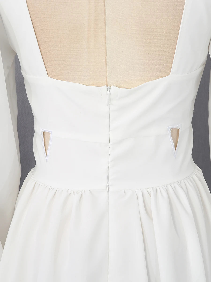 White Floral Cutout Puff Sleeve Gown With Asymmetric Train for Women
