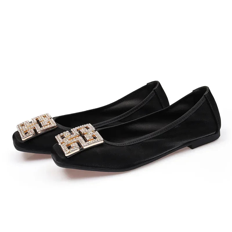 Rhinestone Buckle Square Toe Slip On Flats for Women