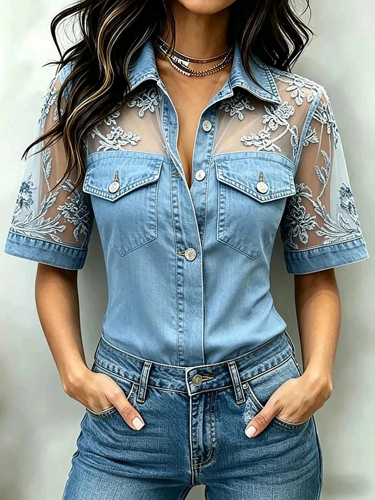 Soft Touch Floral Lace Patchwork Casual Denim Shirt For Women
