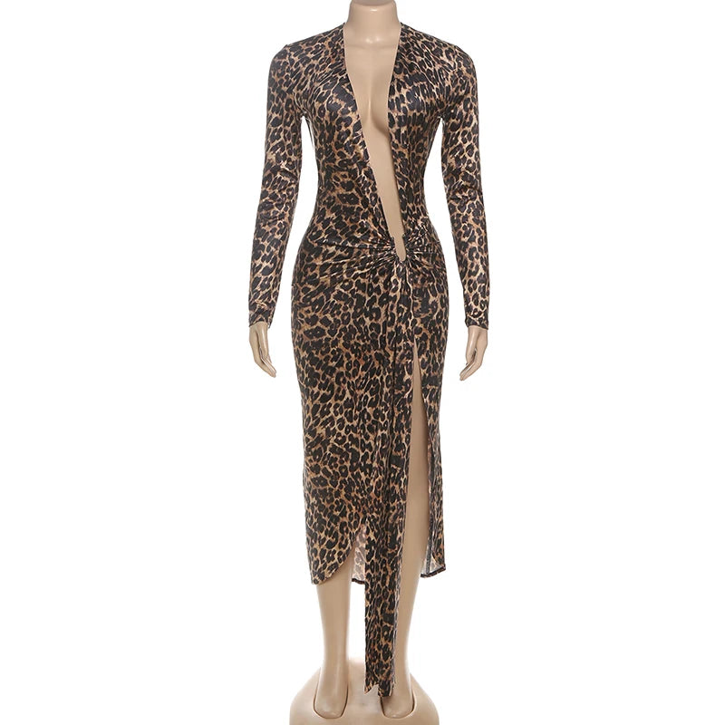 Leopard Print Deep V-Neck Ruched Maxi Dress for Women