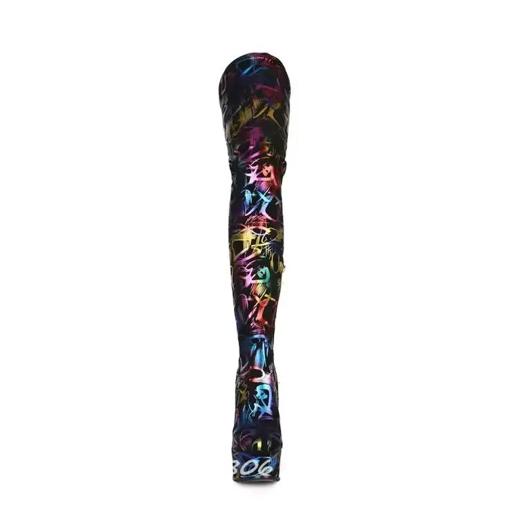 Colorful Graffiti Print Thigh High Platform Boots for Women