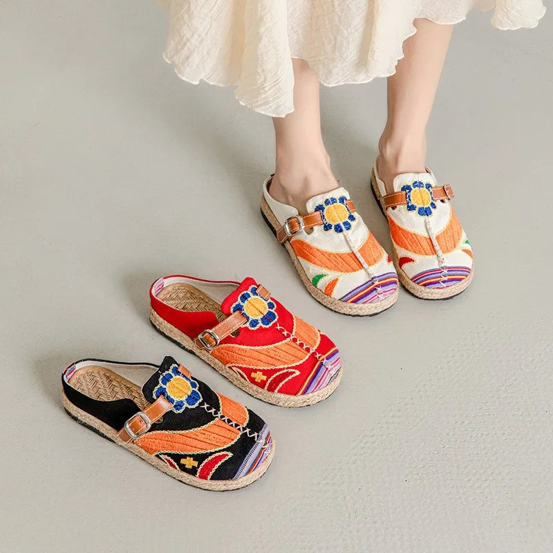 Lightweight Embroidered Cotton Linen Flat Slippers for Women