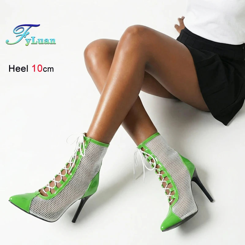 Breathable Mesh Pointy Toe Lace Up Thin Heel Ankle Boots for Women