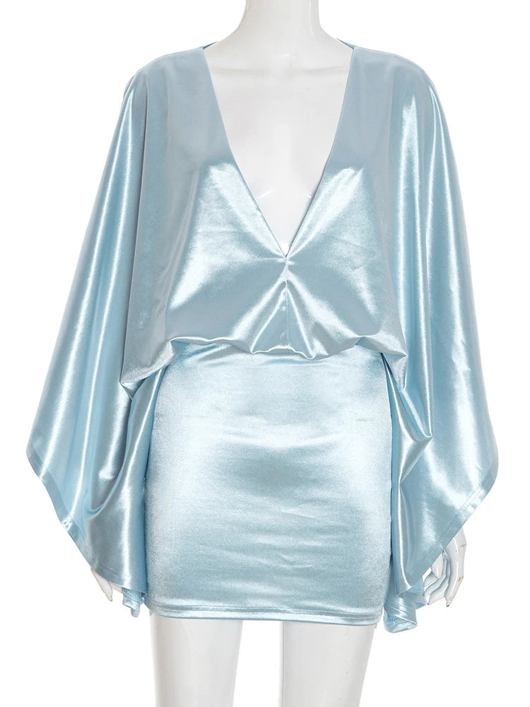 Chic Satin V Neck Bat Sleeve Elegant Mini Dress for Women