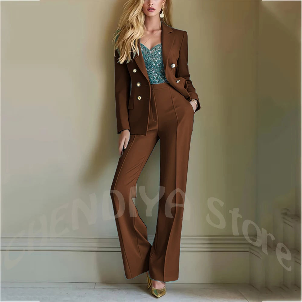 Solid Color Suit For Women High Quality Double Breasted Two Piece Notch Lapel Slim Fit Elegant Fashion Female Outfit Jacket Pant