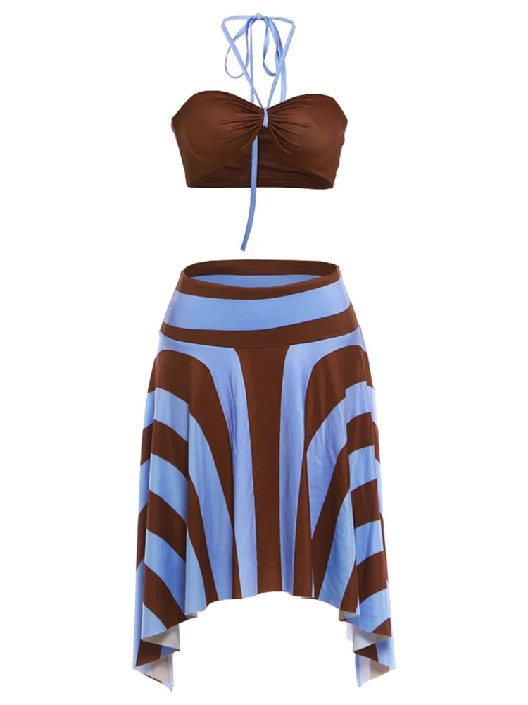 Nibber Holiday 3 Piece Set Woman Halter Rope+Wrap Chest Tops+Stripe Patchwork Mid Skirts Beach Sexy Style Summer Fashion Outfits
