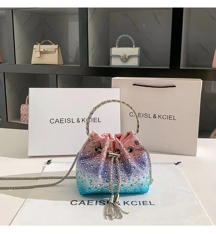Crystal Shiny Diamonds Bucket Bag Fashion Women Handbag Metal Ring Handle Evening Bag Wedding Party Clutch Purse Crossbody Bag