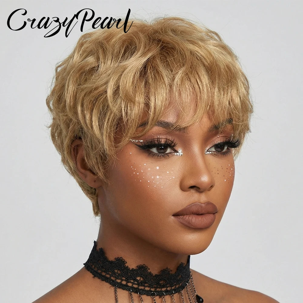Light Brown Glueless Pixie Cut Human Hair Wig for Women