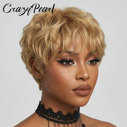 Light Brown Glueless Pixie Cut Human Hair Wig for Women