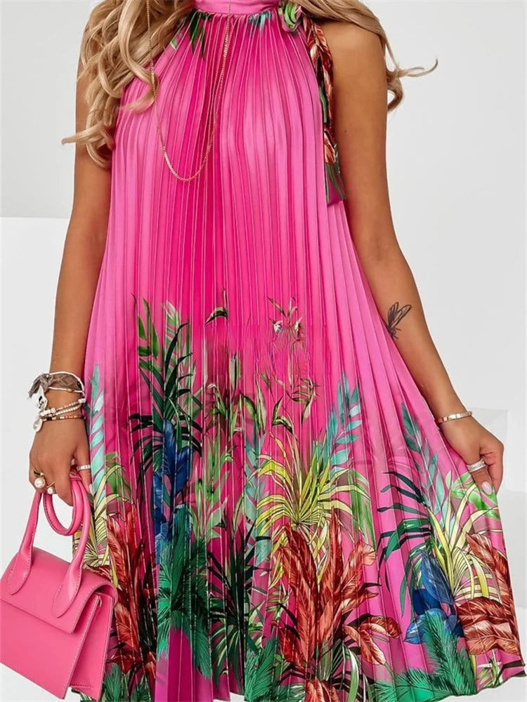 Wmstar Women Dress Lady Casual Loose Halter Pleated Maxi Fashion Leaf Print Sleeveless Beach Boho Elegant Halter Long Dresses