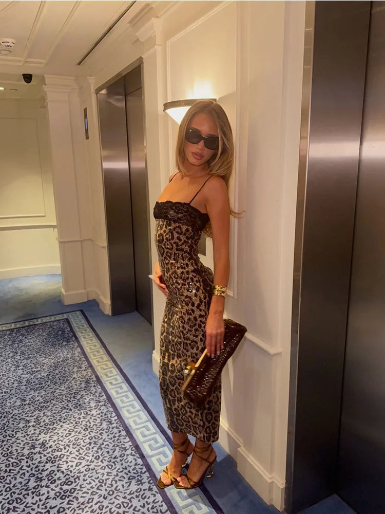 Leopard Print Sequin Lace Trim Maxi Dress for Women