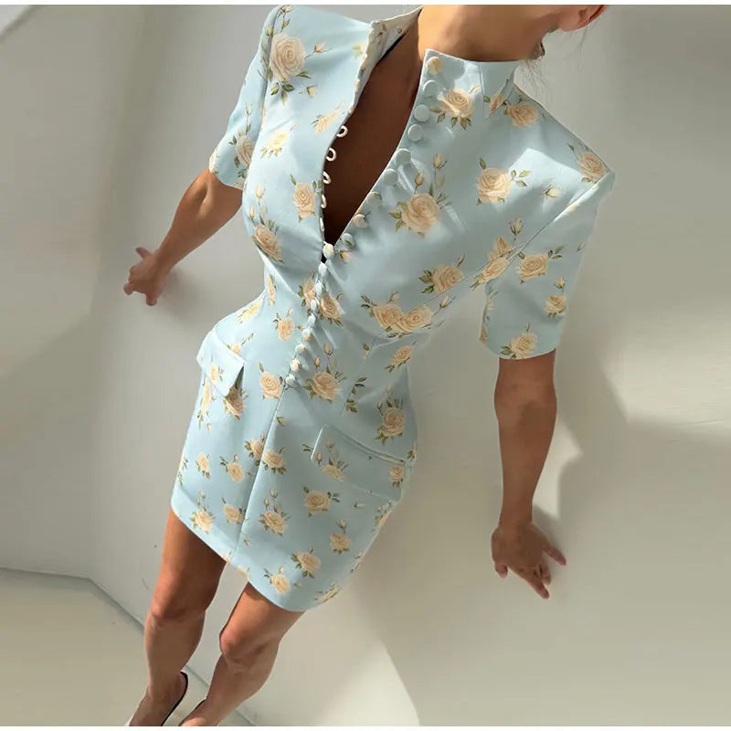 Elegant Printed Short Sleeve Stand Collar Dress for Women