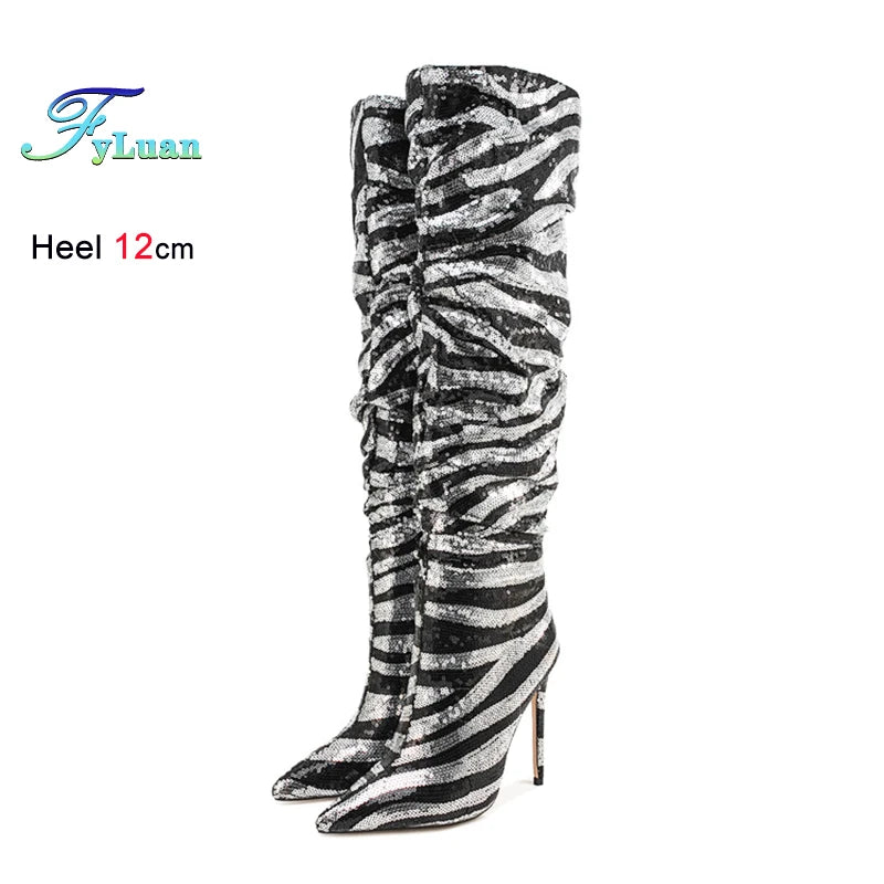 Sequined Pointed Toe Knee High Heeled Boots for Women