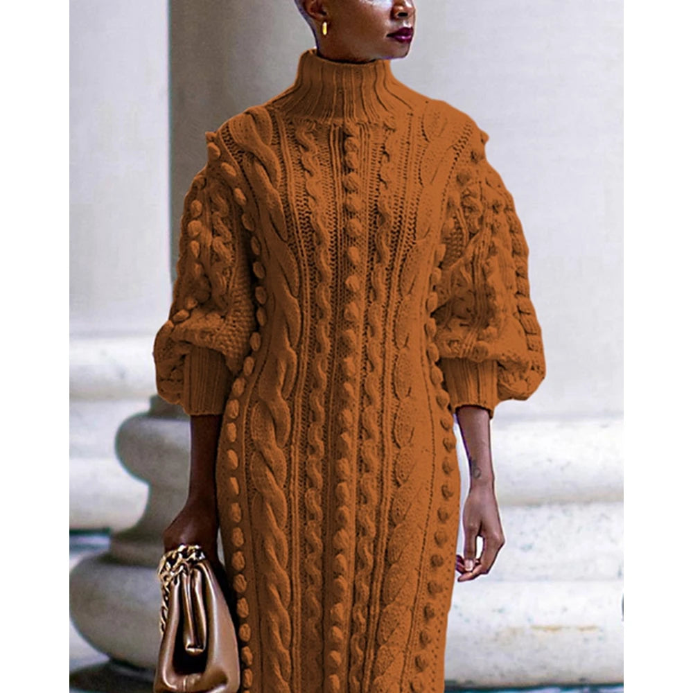 Autumn Women High Neck Twist Rope Lantern Sleeve Side Slit Knitted Sweater Dress New Fashion Femme Casual Dress Robe Clothing