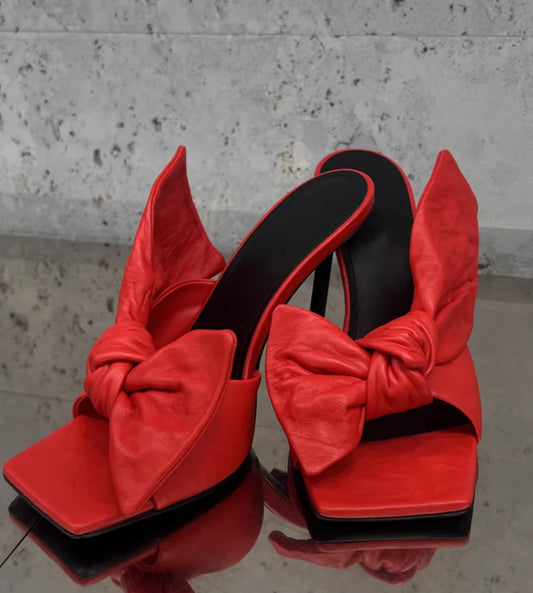 Red Leather Square Toe Stiletto Sandals