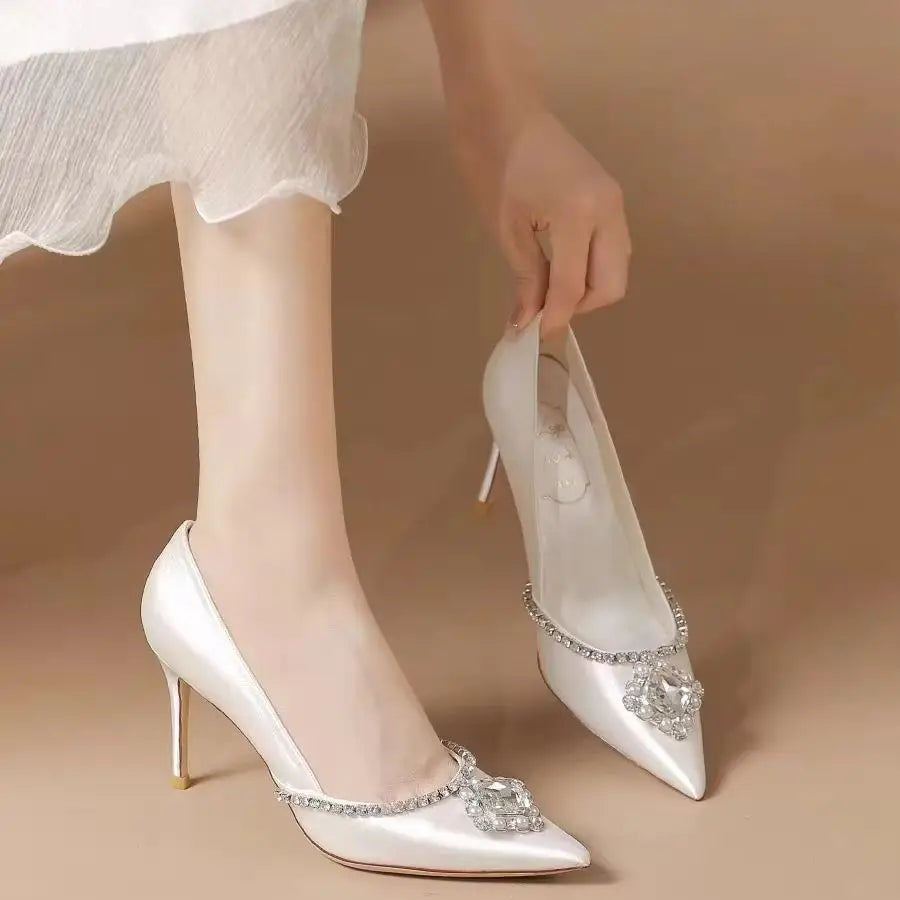 Rhinestone Pointed Toe Satin Wedding Pumps for Women