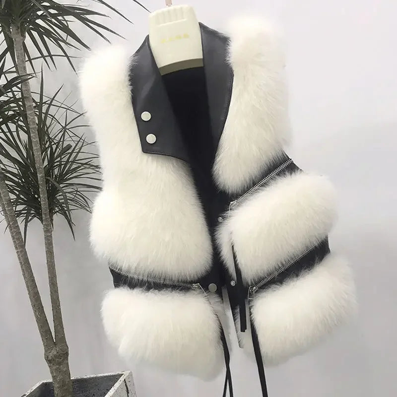 Women's Vest Short Coat Slim Fit Fashionable Young Style, Versatile for Autumn and Winter, 2024 Splicing Imitation Fur Jacket
