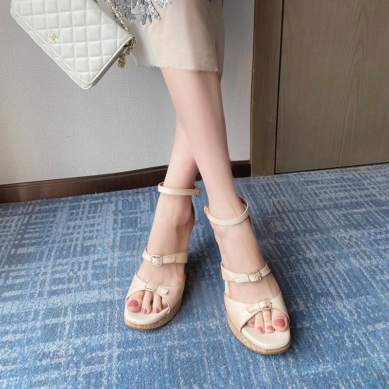 Elegant Apricot Buckle Platform Thick Heel Wedge Sandals for Women