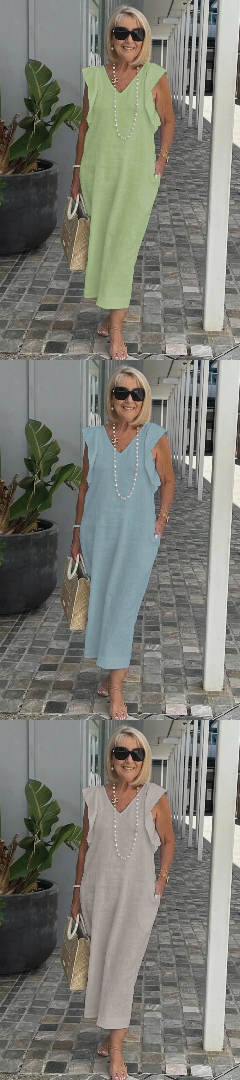 Back Tie Flutter Sleeve Ankle Length Linen Dress for Women
