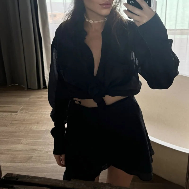 Casual Tie Up Mini Skirt Outfit 2025 Summer New Seaside Beach Sunscreen Suit Holiday Long Sleeve Single Breasted Shirt Women Set