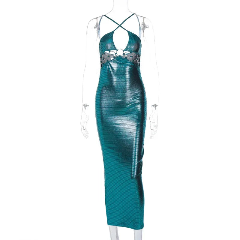 Metal Circle Hollow-Out Spaghetti Strap Backless Maxi Dress for Women