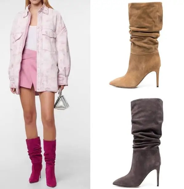 Slip On Pleated Suede Pointed Toe Thin Heel Mid Calf Boots for Women