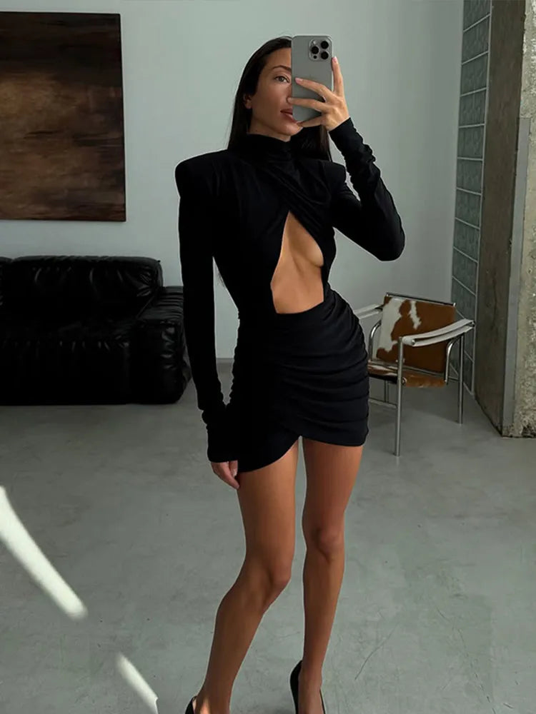 Women Sexy Hollow Out Pleated Mini Dress Fashion Solid Half High Collar Full sleeve Short Dresses Lady 2025 Chic Party Robes
