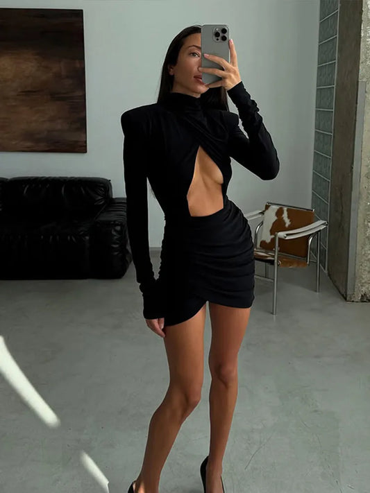 Women Sexy Hollow Out Pleated Mini Dress Fashion Solid Half High Collar Full sleeve Short Dresses Lady 2025 Chic Party Robes