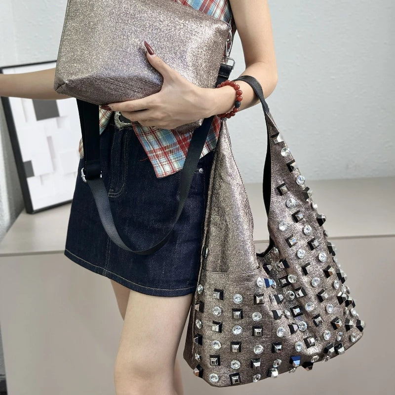 New Women's Diamond Handbag Luxury Brand Fashion Diamond Women's Shoulder Bag Large Capacity Shiny 2-piece Set Women's Bag