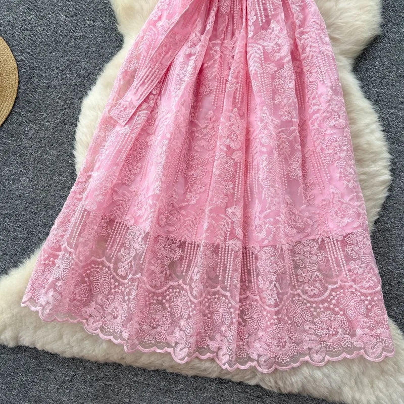 Elegant Lace Embroidery A Line Midi Dress for Women