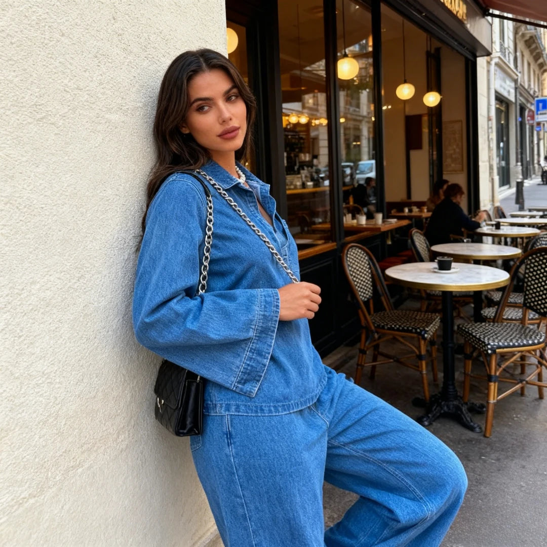 Matching Two Piece Denim Shirt and Wide Leg Pants Set for Women